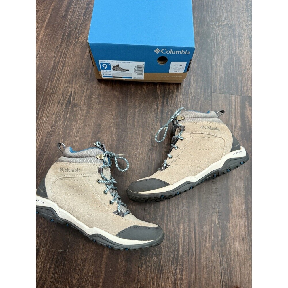Columbia Tan & Turquoise Suede Leather Waterproof Hiking Boots Sz 9.5 YL-1089